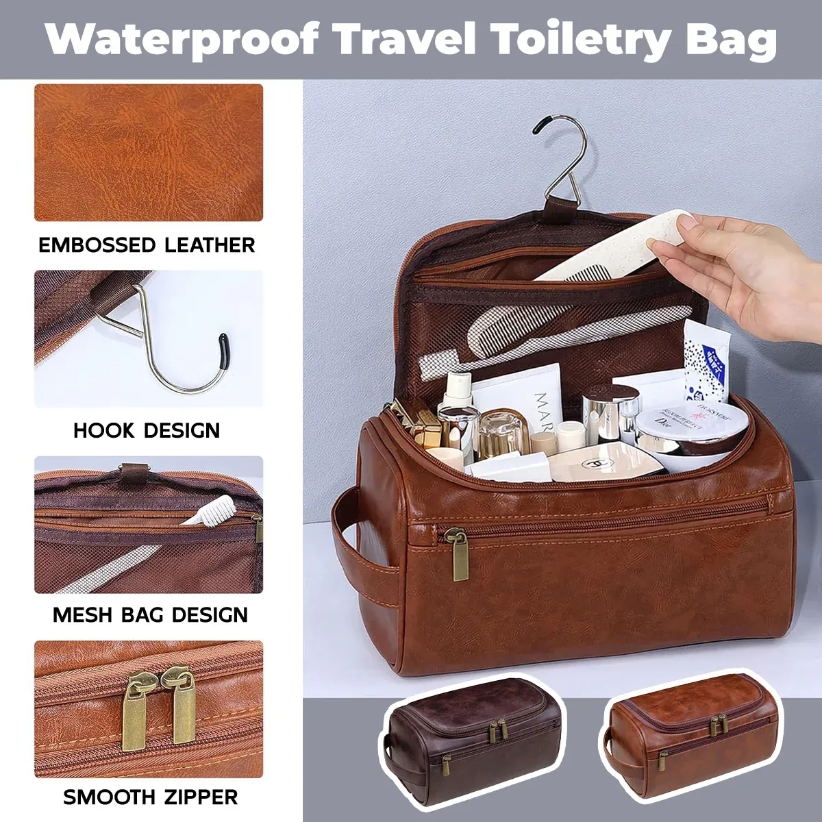 Large Capacity Waterproof Travel Toiletry Bag Cosmetic Organizer Multifunctional - Brown β image 2