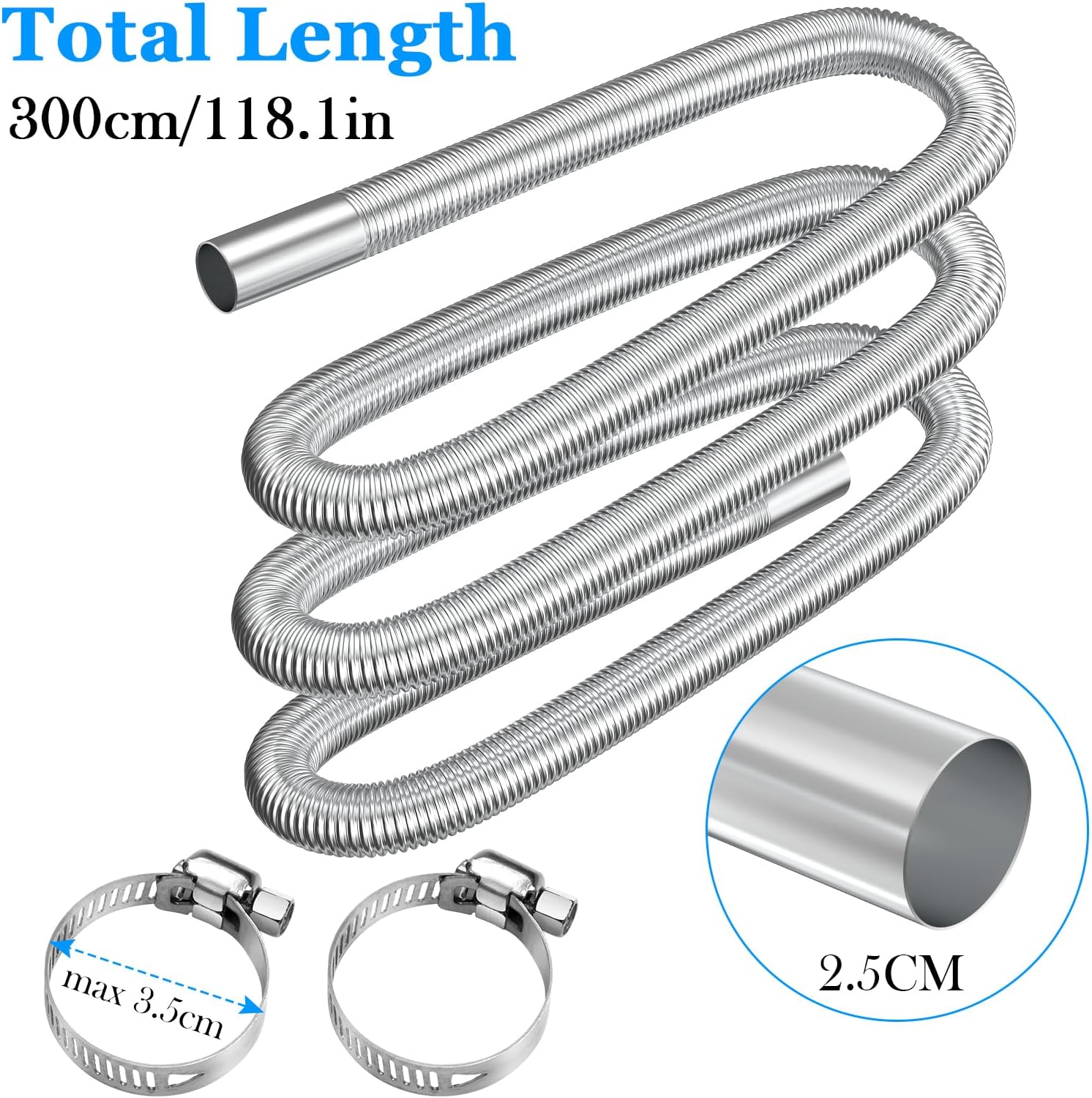 Air heater hose, 300 cm ร 2.5 cm stainless steel exhaust pipe, parking heater pipe with 2 hose clamps โ image 2