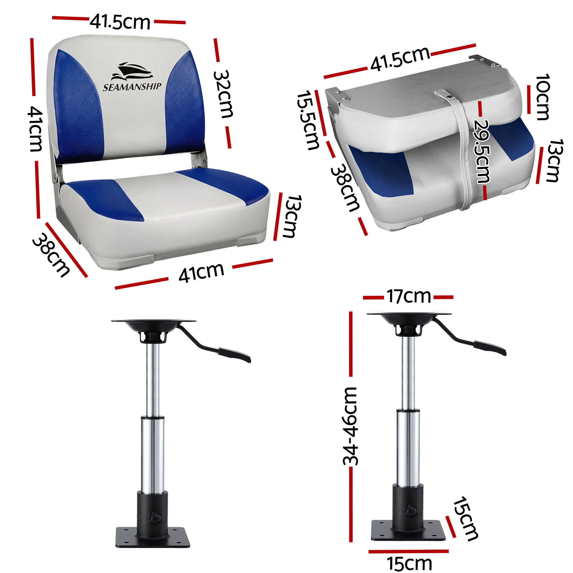 Seamanship 2X Folding Boat Seats with 2X Adjustable Pedestals 34–46cm Marine Swivel Low Back 13cm Padding White Blue — image 2