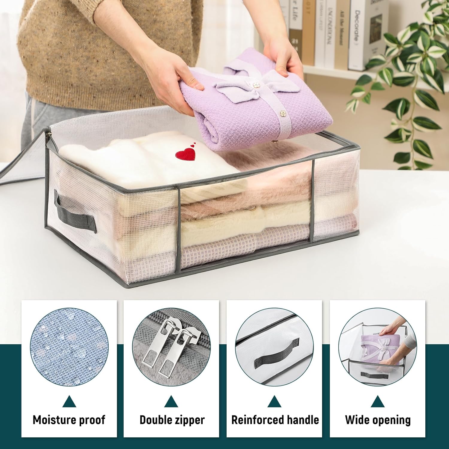3-Pack Clothes Storage Bags, Plastic Foldable Blanket bins, Closet Organizer Container for Bedroom, Bedding, Comforters, Pillows, and Clothing - 35L with — image 4