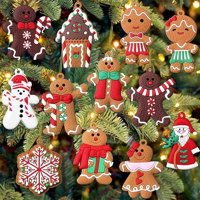 12pcs Christmas Ornaments Cute Snowman Xmas Tree Decorations Santa Claus Plastic Figurines Ornaments with Sugar Cookie House for Christmas Tree