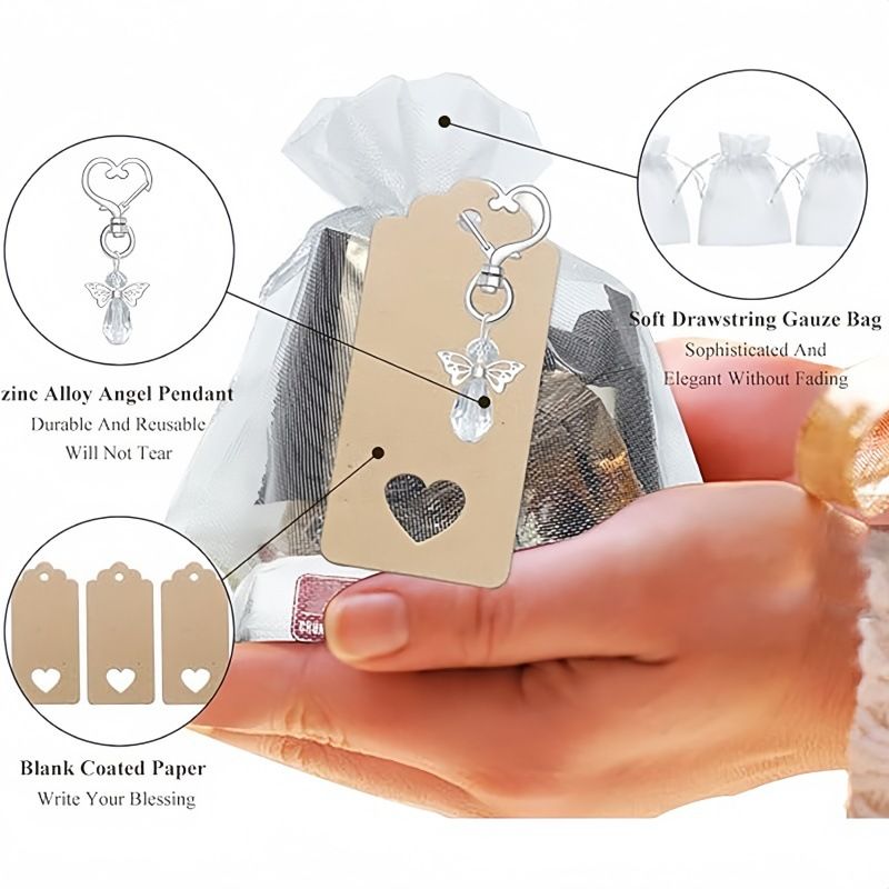 30-Piece White Guardian Angel Keychain Favor Set – Crystal Angel Wings Keyrings with Kraft Tags & Organza Bags for Weddings, Christenings and Party Gifts — image 4