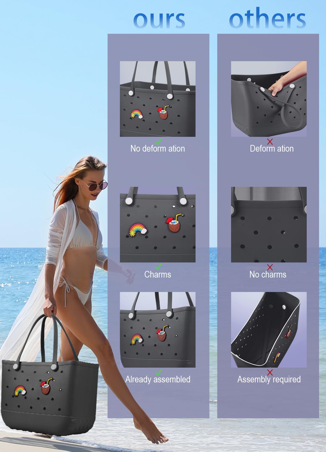 EVA Beach Tote Bag for Swimming, Pool & Travel – Waterproof Washable Rubber Handbag with 2 Random Charms, Lightweight & Sand-Resistant (Black) | Other Colors — image 3