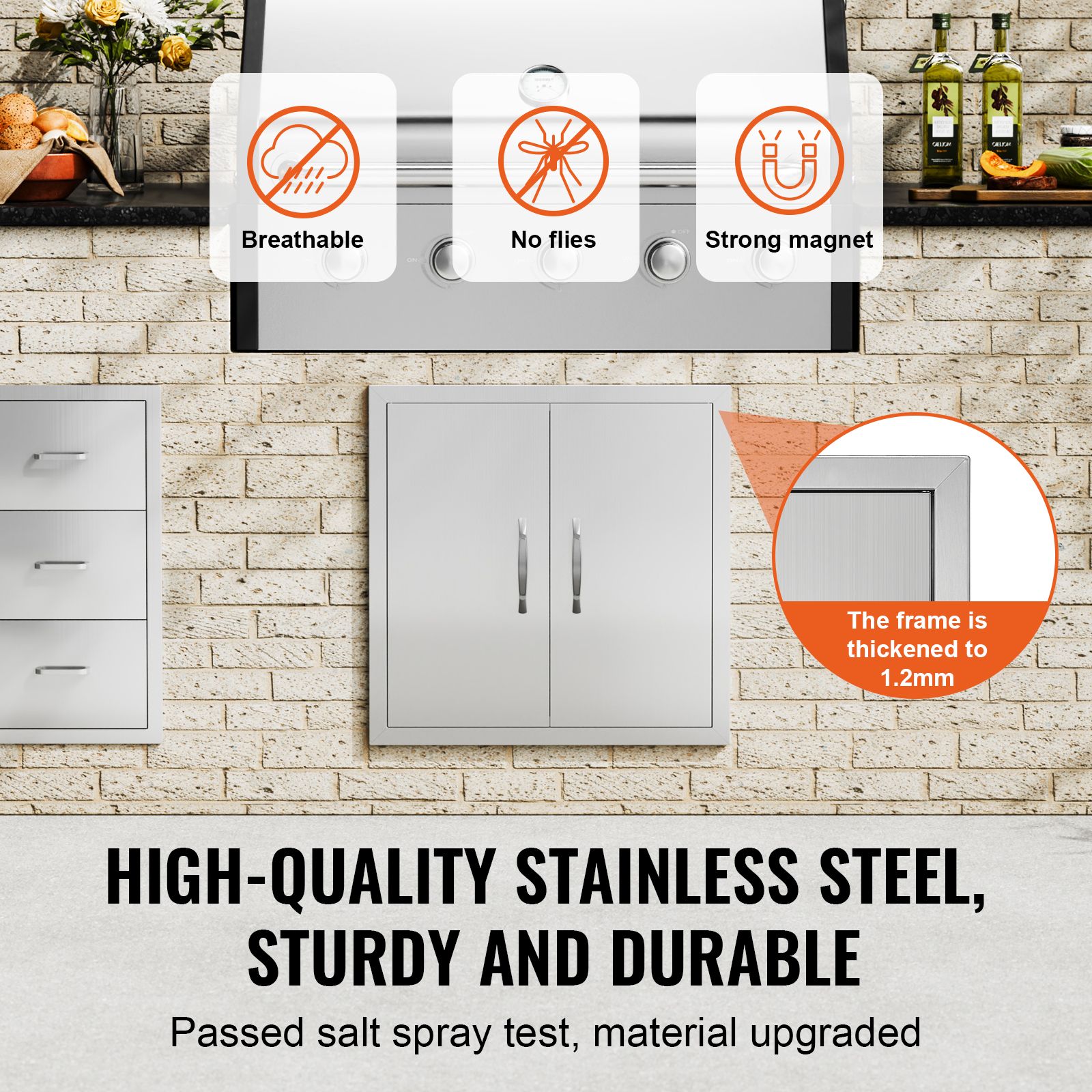 BBQ Access Door, 610 × 610 mm Double Outdoor Kitchen Door, Stainless Steel Flush Mount Door, Double Wall Vertical Door with Handles and Hooks, for BBQ Island — image 3