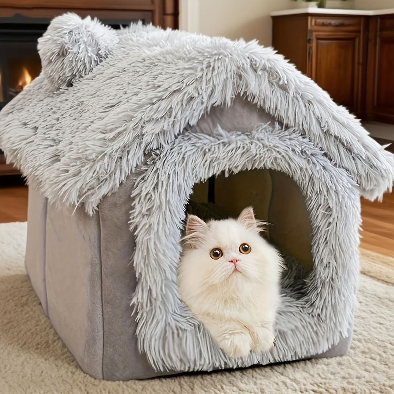 Plush Pet House with Detachable Cushion – Cozy, Warm, and Stylish Indoor Cat or Small Dog Bed – Soft Faux Fur Hideaway with Doorway – Perfect for Year-Round — image 5
