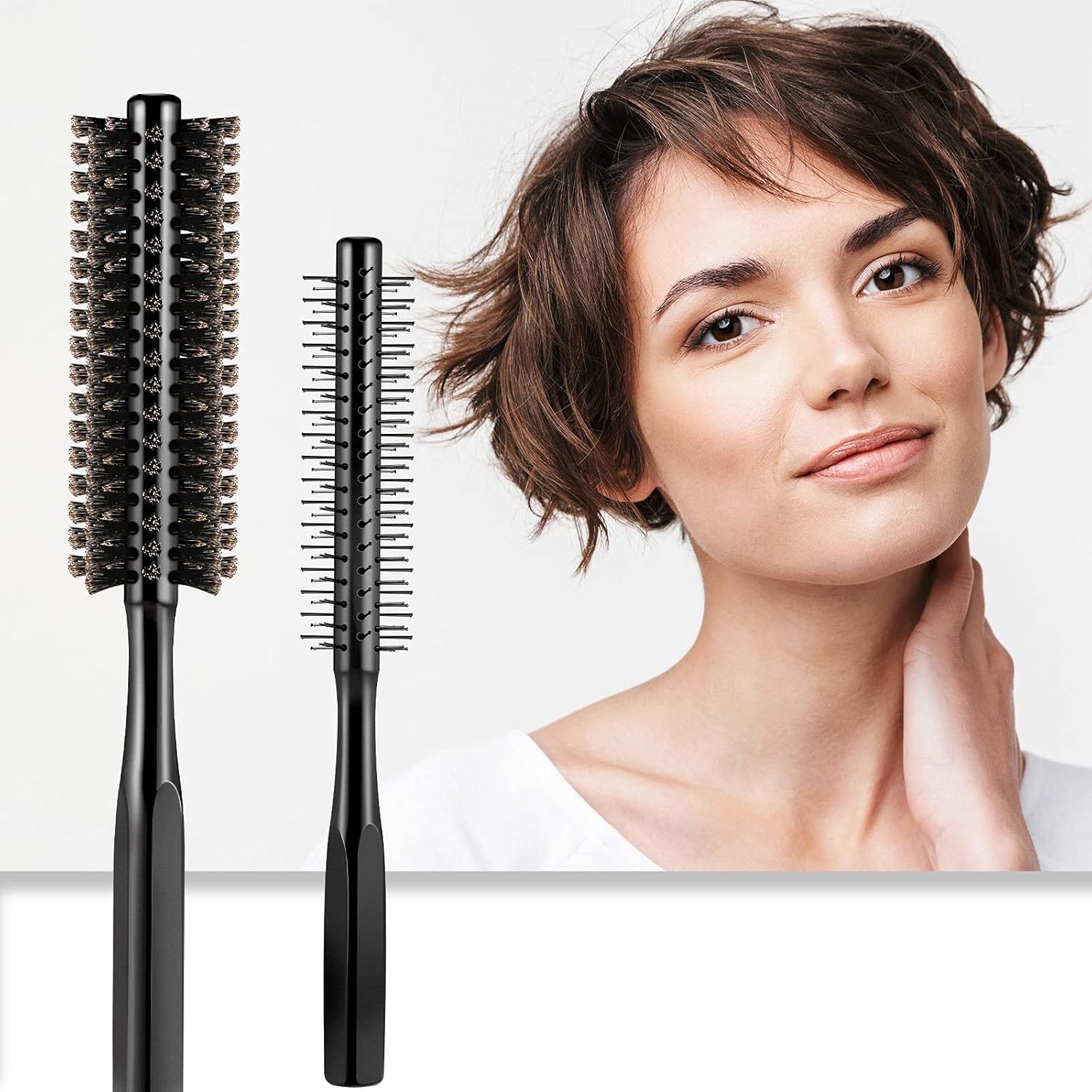 2 Pieces Thick Round Hair Comb Bristle Blow Drying Hairbrush Small Brush Short Hair Massage Comb Head Massage Round Brush Roll Hairbrush for Wet or Dry(Black) — image 5