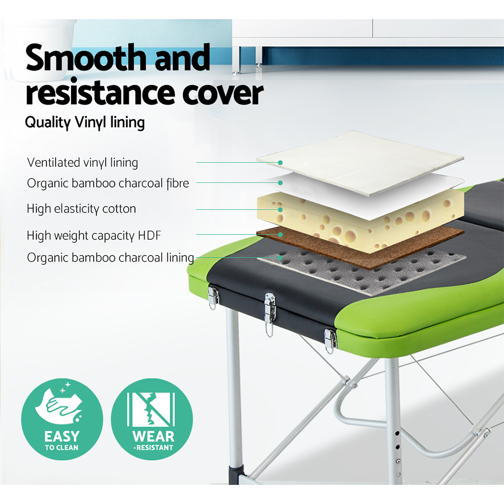 Zenses Massage Table 75cm Portable 3 Fold Aluminium Beauty Bed Green — image 4