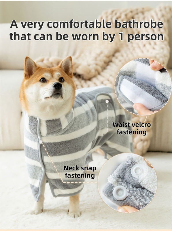Red Stripes Super Absorbent Pet Bathrobe with Waist Belt & Neck Snap - Full Coverage Quick-Drying Towel for Dogs & Cats (S Size) โ image 4