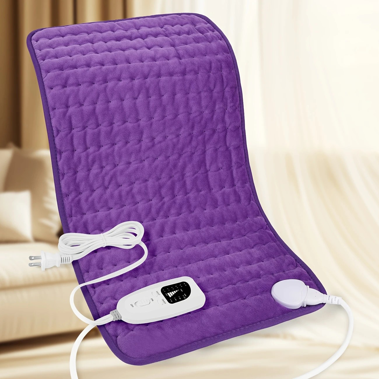 purple This large heating pad (24" x 12") features 6 temperature levels and 4 timer settings, with rapid heating and auto-off functions. It is portable