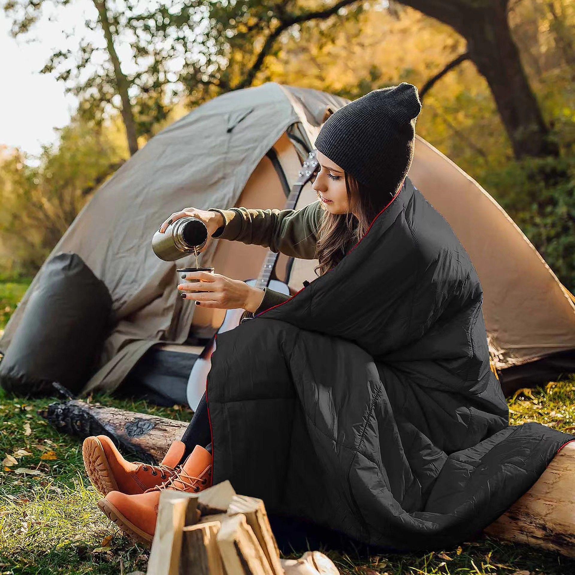 200x140cm Black Large Outdoor Camping Imitation Silk Cotton Wearable Warmth Blanket, Quilted Poncho Shawl Throw with Storage Bag, Lightweight Warm Camping โ image 2