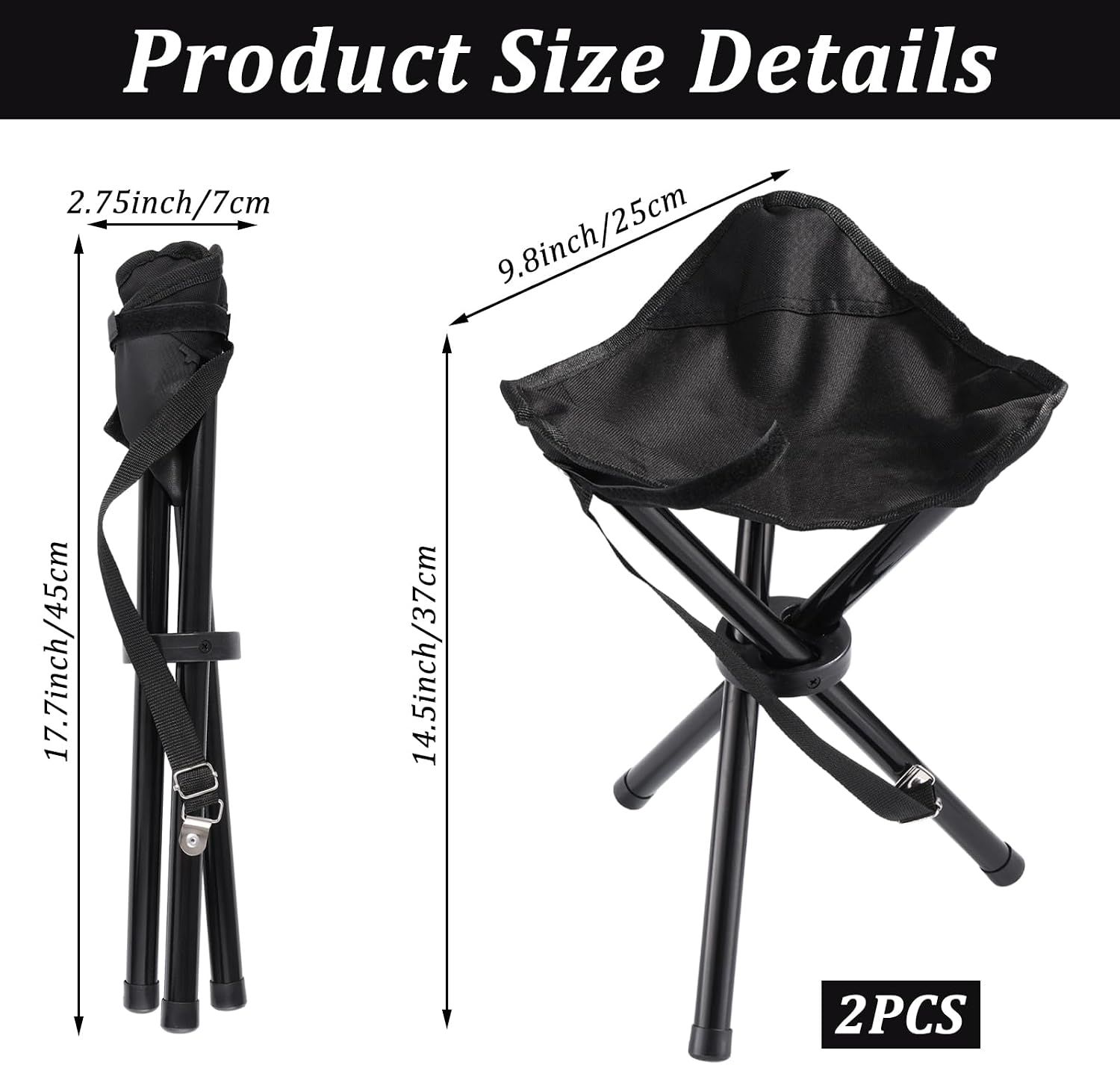 2PCS Portable Folding Camping Stool, Travel Outdoor Tripod Seat, Black Folding Camping Chairs for Camping Party Picnic Beach Garden Lawn Walking — image 2