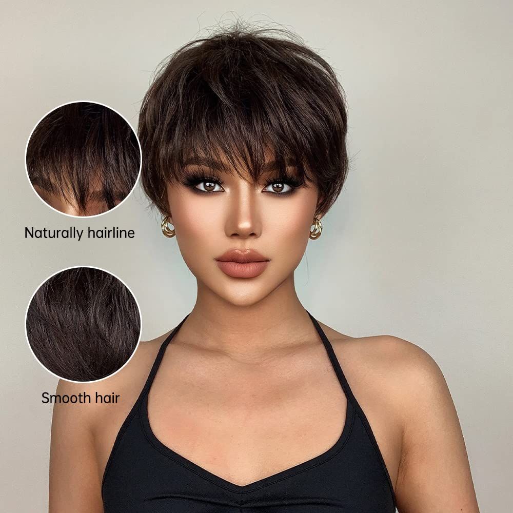 Black-brown Wig With Bangs Synthetic Wigs For Black Women Natural Wave Short Wigs for Women bouncy without fake shine — image 5