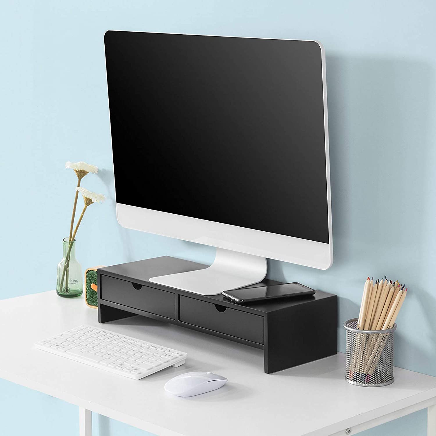 Black Monitor Stand Desk Organizer with 2 Drawers — image 4