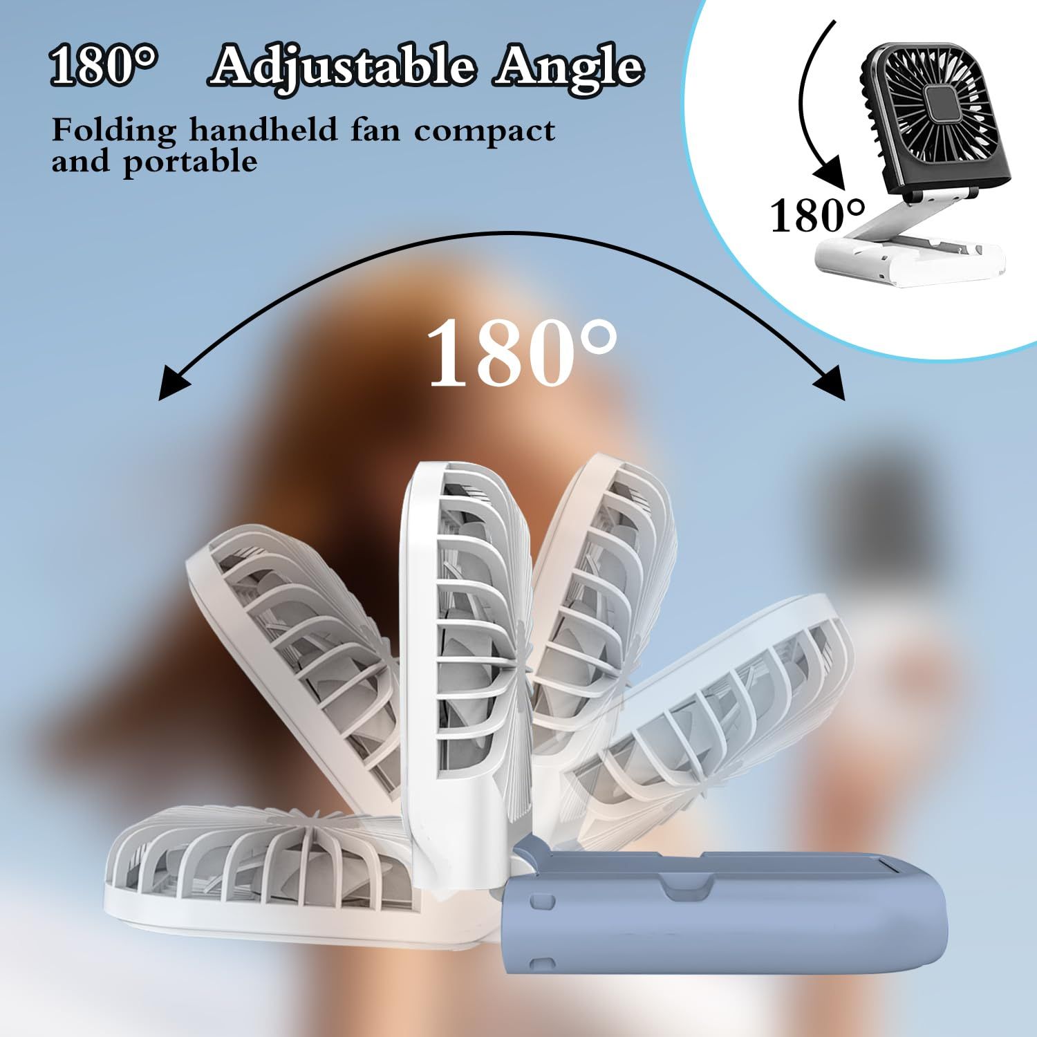 Foldable Mini Portable Fan, 5 in 1 Design, Rechargeable Battery, 4 Speed Adjustable Wind Speed, (Blue and White) — image 4