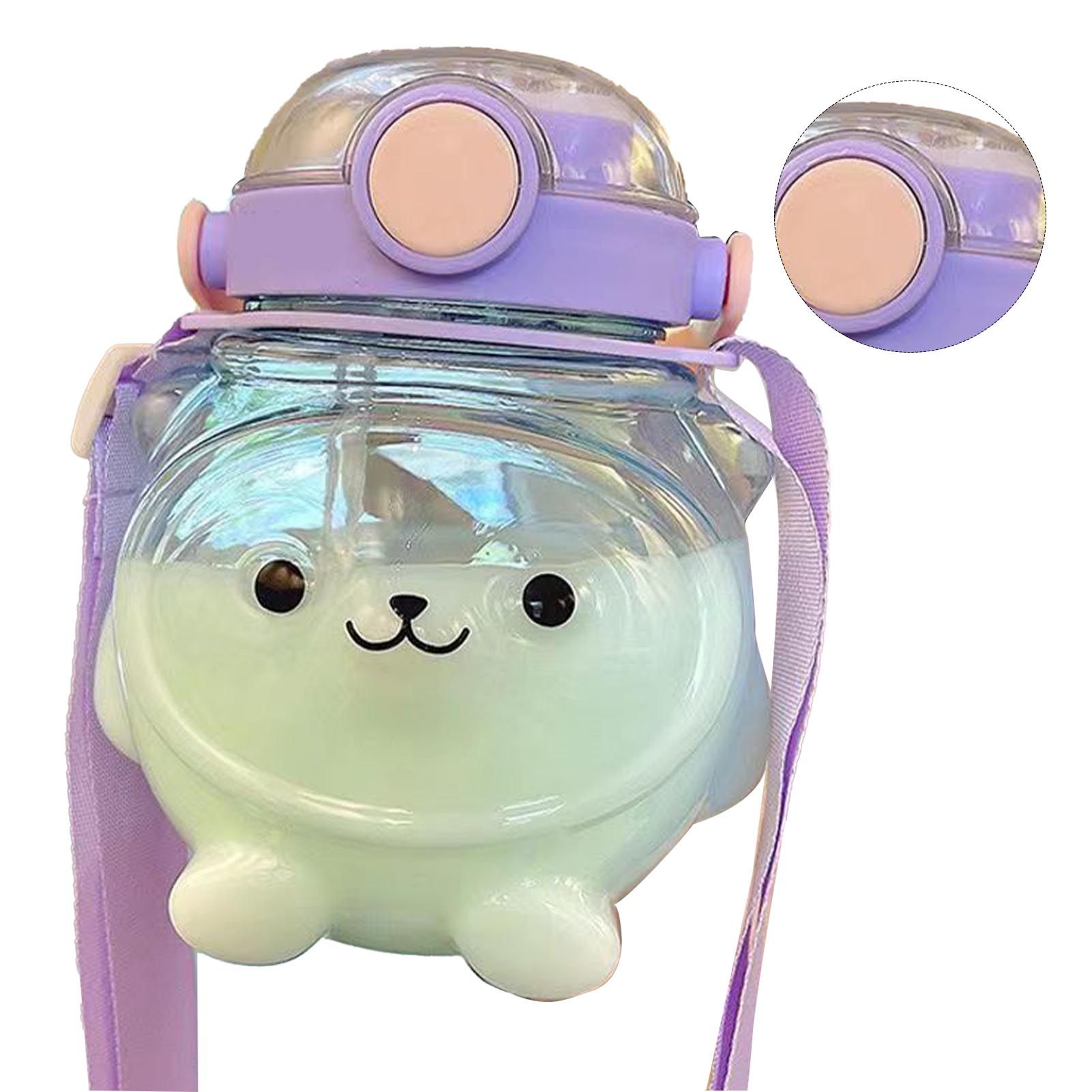 Large Water Bottle 1000ml Cartoon Bear Shape Portable Drinking Bottle with Straw Strap for Summer Purple — image 4