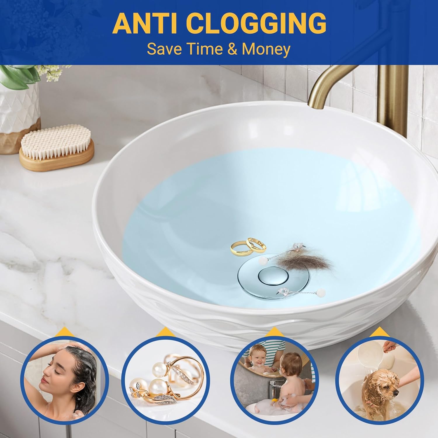 2PCS Bathroom Sink Stopper Strainer, Pop-Up Bathroom Sink Drain Strainer with Removable Stainless Steel Hair Catcher Basket, Universal Fit for US Bathroom — image 2