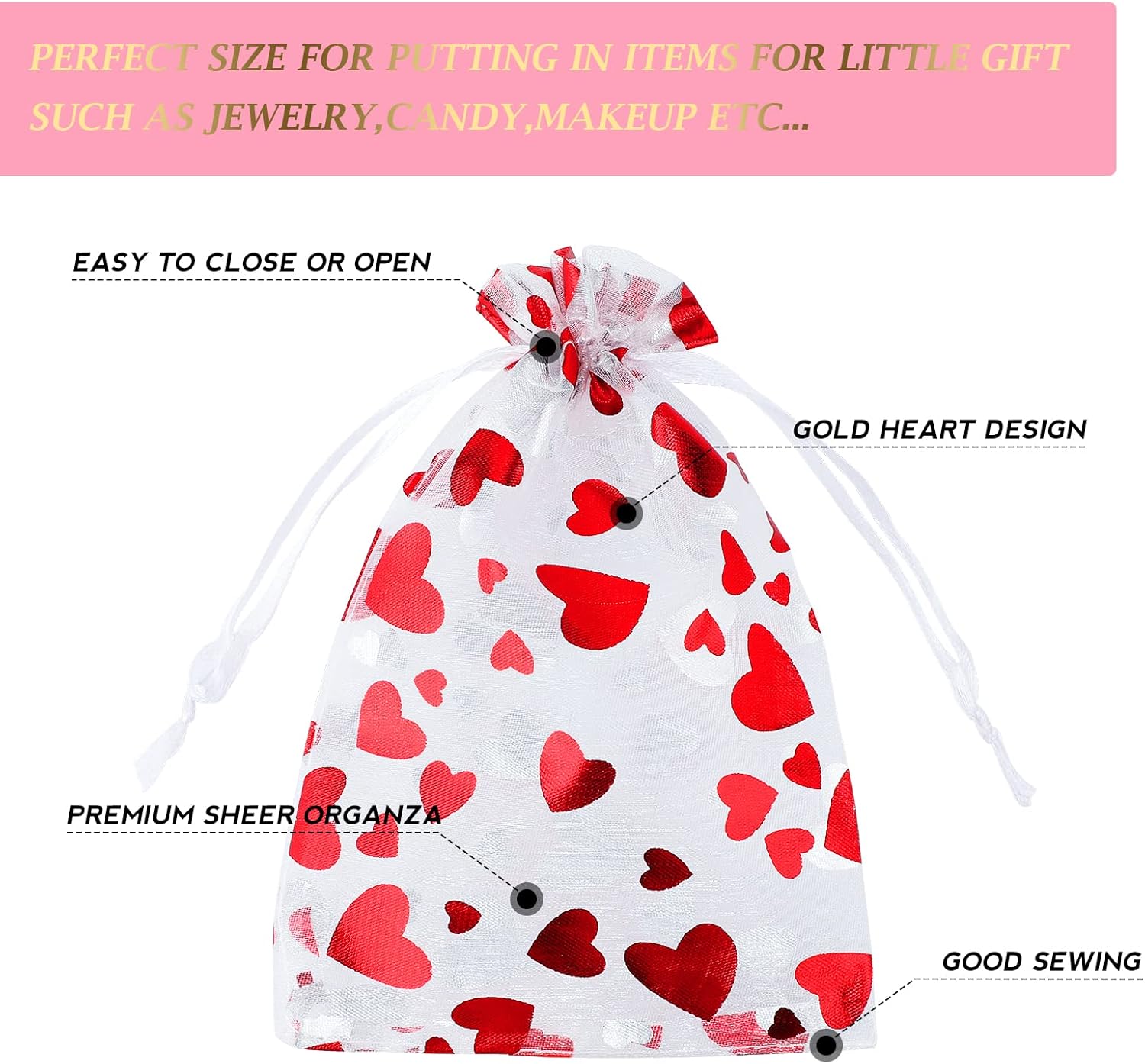 100 Pcs Red Organza Favor Gift Bags,4x6inch Valentine's Day Drawstring Gift Bags,Jewelry Gift Pouches Mesh Party Favor Bags — image 3