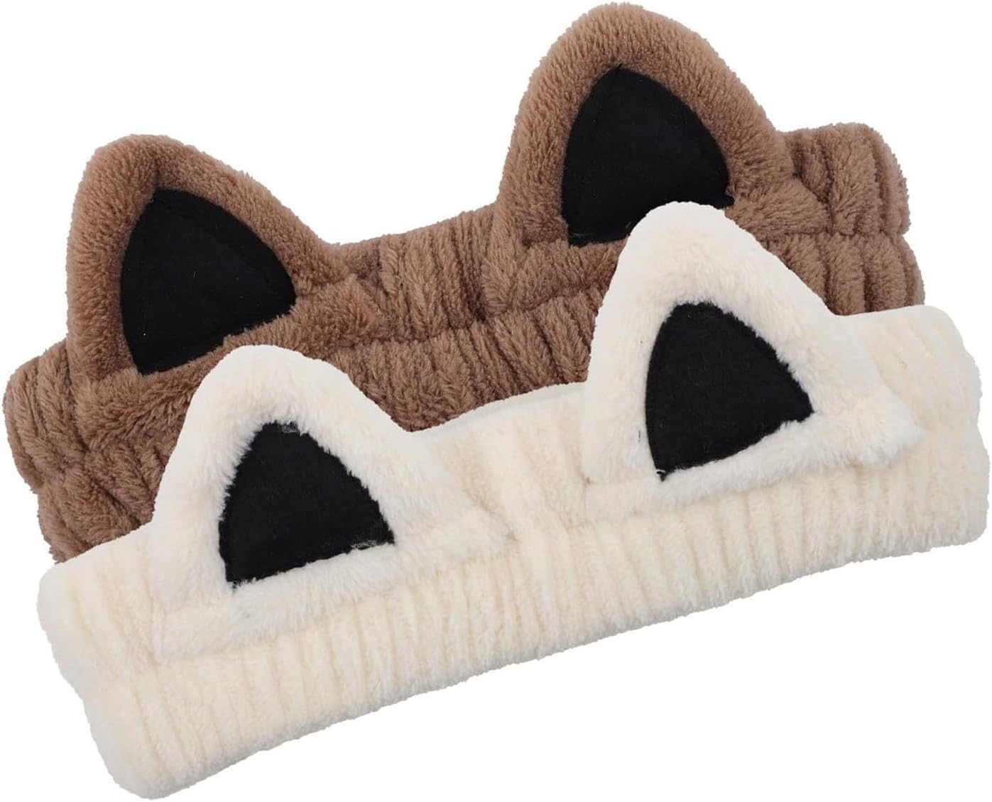 2Pcs Cat Ears Spa Headbands for Washing Face Makeup Skincare, Soft Coral Fleece Facial Wash Hair Accessories, Cute Animal Elastic Headband, Fuzzy Cartoon Hair