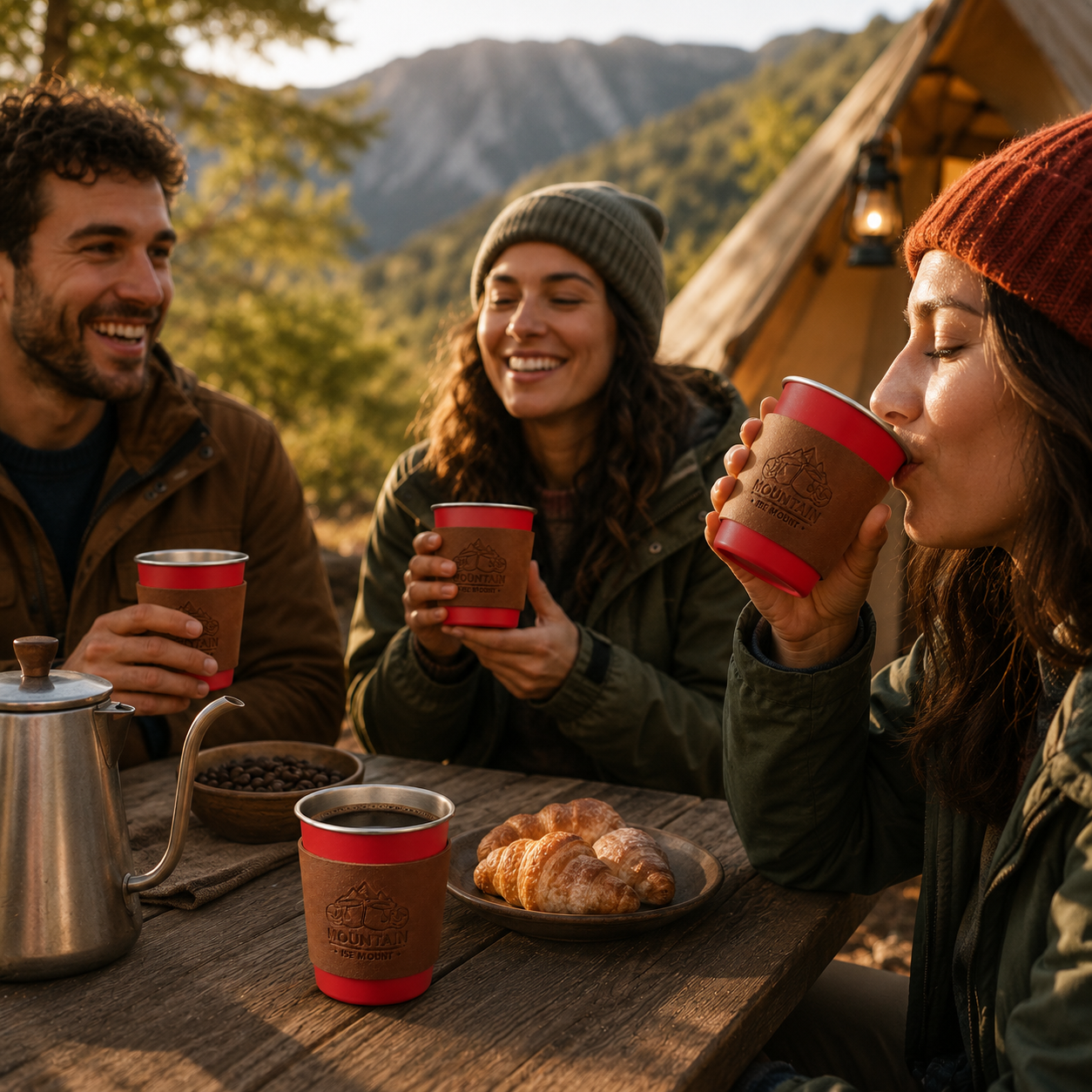 Red 304 Stainless Steel Camping Coffee Cup with Leather Sleeve – 350ml Portable Outdoor Drinking Cup, Beer Cup, Travel Mug for Camping, Hiking, Picnic and — image 3