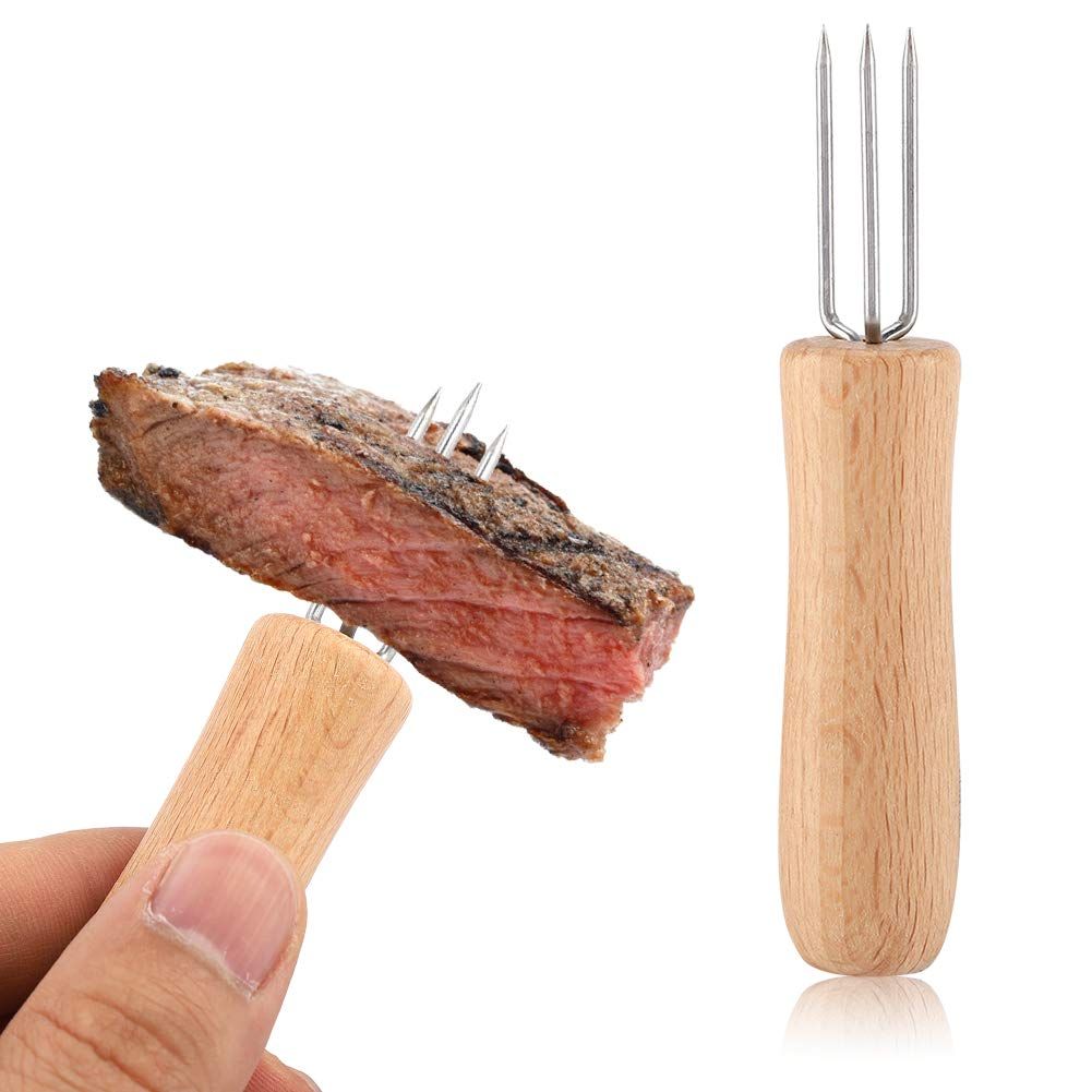 Corn Holders,Wooden Handle Stainless Steel BBQ Meat Fruit Forks Barbecue Corn Cob Holder for Home Cooking and BBQ
