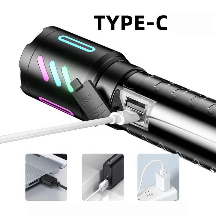 LED Rechargeable Laser Flashlight โ Multifunctional Type-C Strong Light Torch with Adjustable Zoom โ image 5