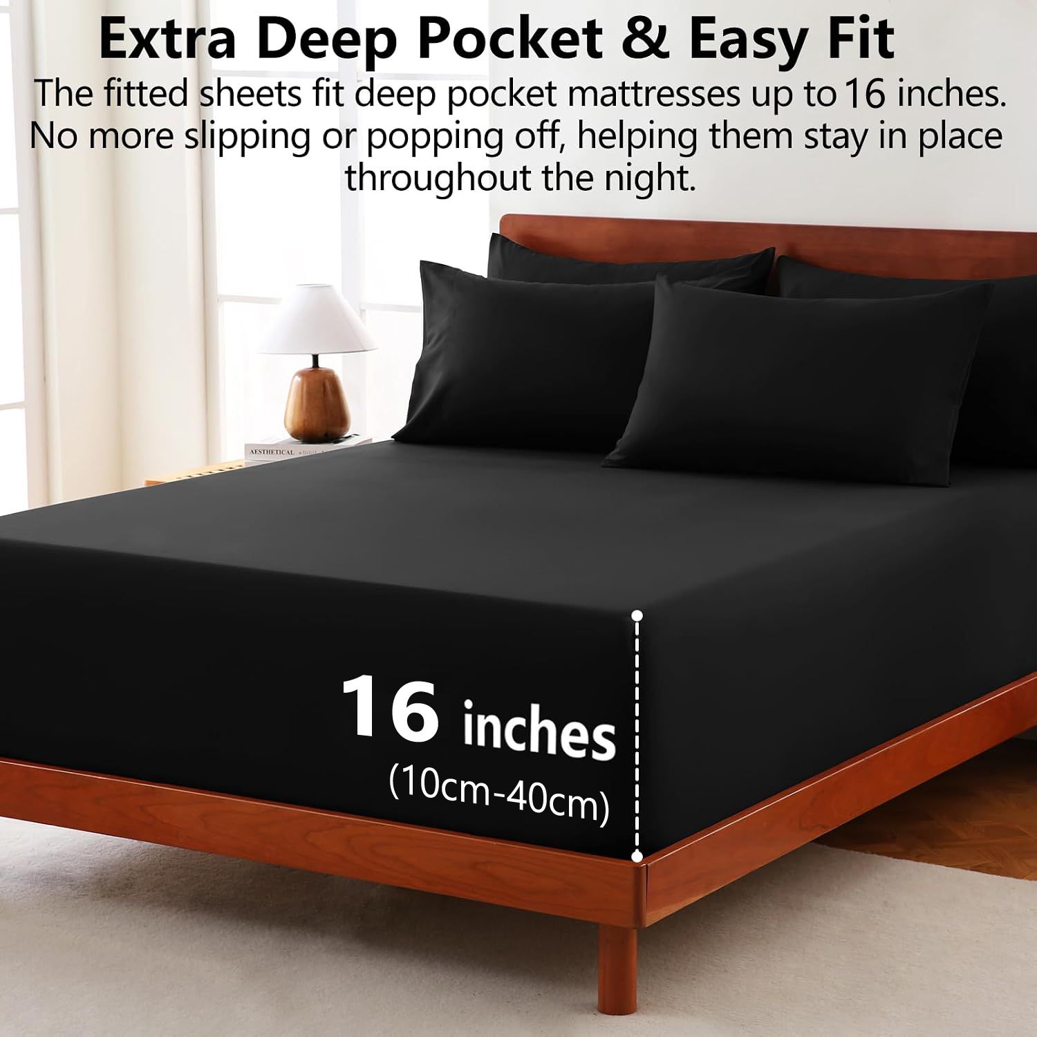 Hotel Soft Bed Sheet Set- Bedding Sheets & Pillowcases -Breathable Bedding - Wrinkle, Fade, Stain Resistant-Deep Pocket Flat Fitted Bed Sheet Set(Black,King — image 2