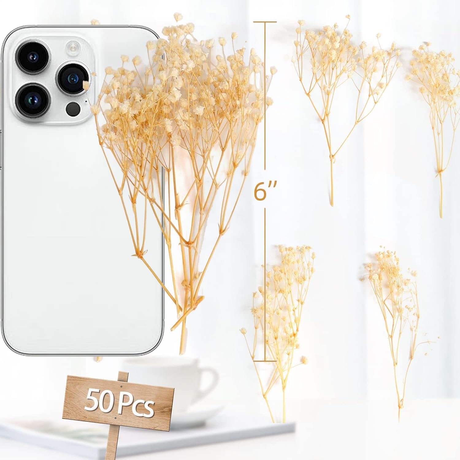 50Pcs Mini Dried Baby's Breath Flowers, 6'' Natural Ivory White Flowers for Resin Art Craft DIY, 3000+ Pressed Gypsophila Bouquet Present for Valentine's Day β image 2