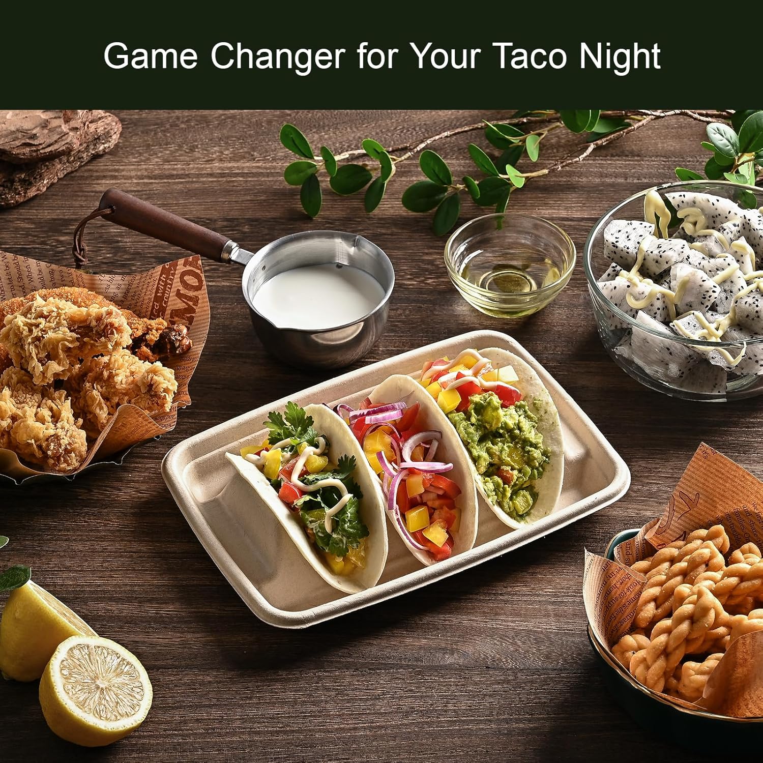 24PCS Disposable Taco Holders for Party, Premium Paper Taco Plates with 3 Dividers, Fiesta Tacos Holder Tray for Taco Tuesday Bar Serving Set, Decorations — image 2