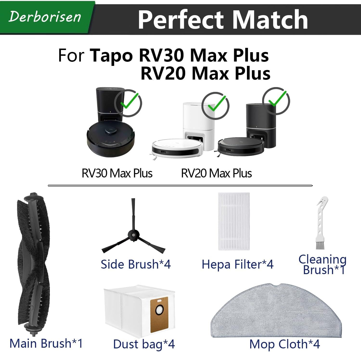 Replacement Accessory Kit Compatible with Tapo RV30 Series - 2 Side Brushes + 2 Filters + 2 Mop Pads + 4 Dust Bags - 10-Piece Set for Robot Vacuum — image 2