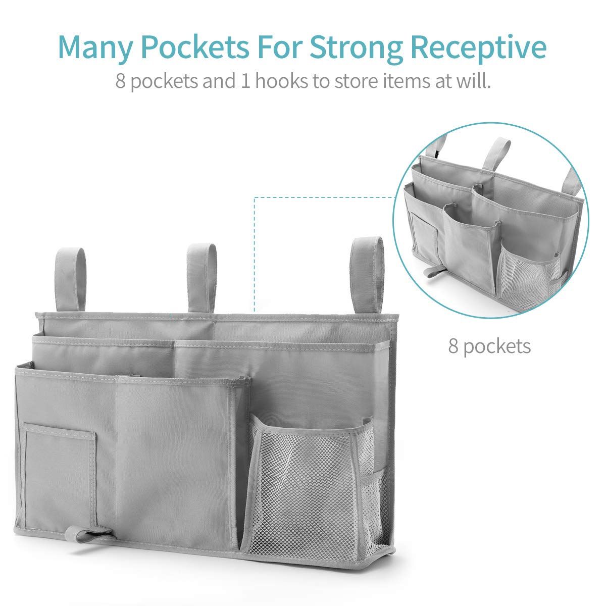 Bedside Caddy, Hanging Storage Bag Holder Beside Organizer with 8 Pockets for Bunk Dorm Rooms and Hospital Bed Rails, Grey โ image 2