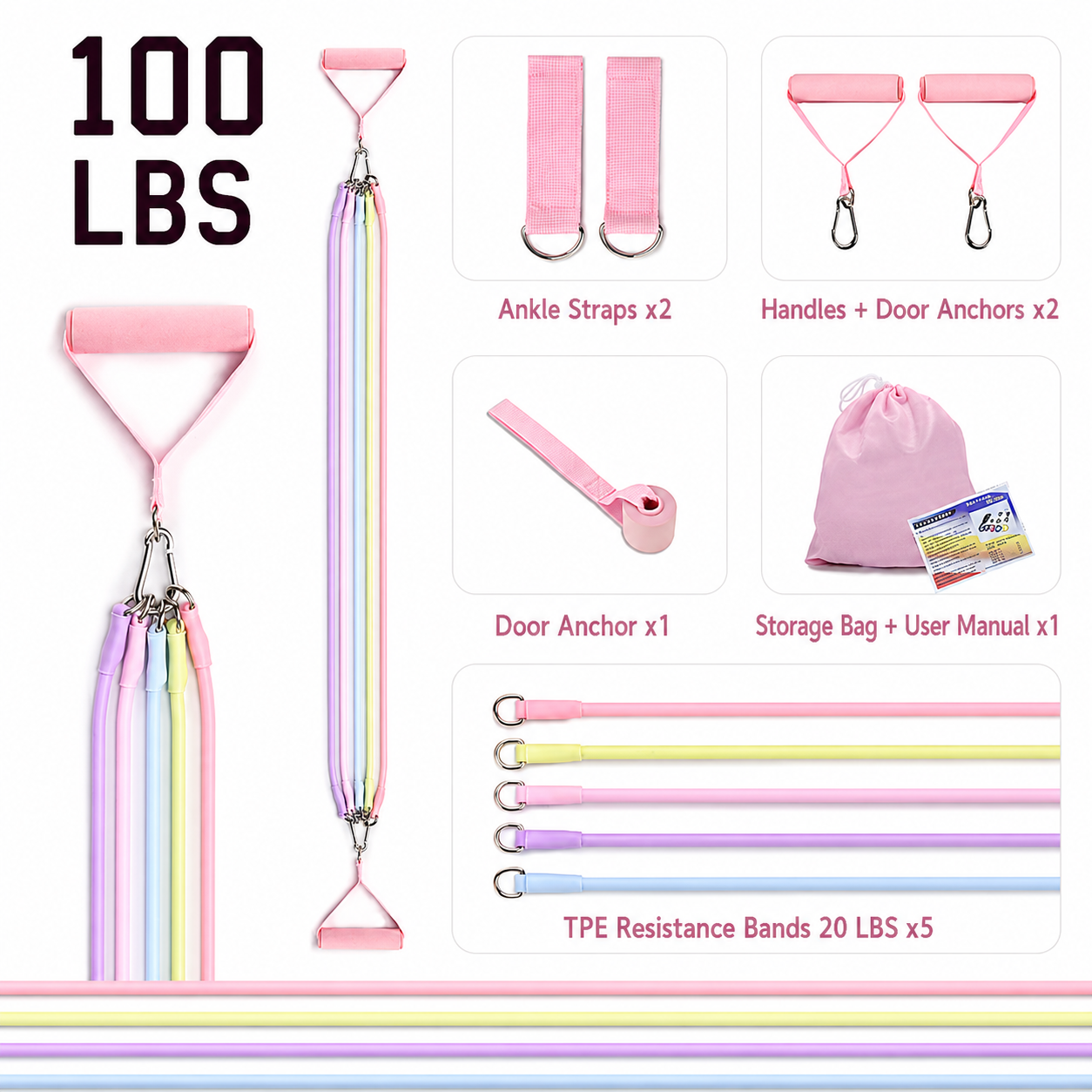 Women's Multifunctional 100 lbs Resistance Band Set with Storage Bag, Foam Handles and Ankle Straps for Home Fitness & Pilates Workout (Pink Macaron Carabiners