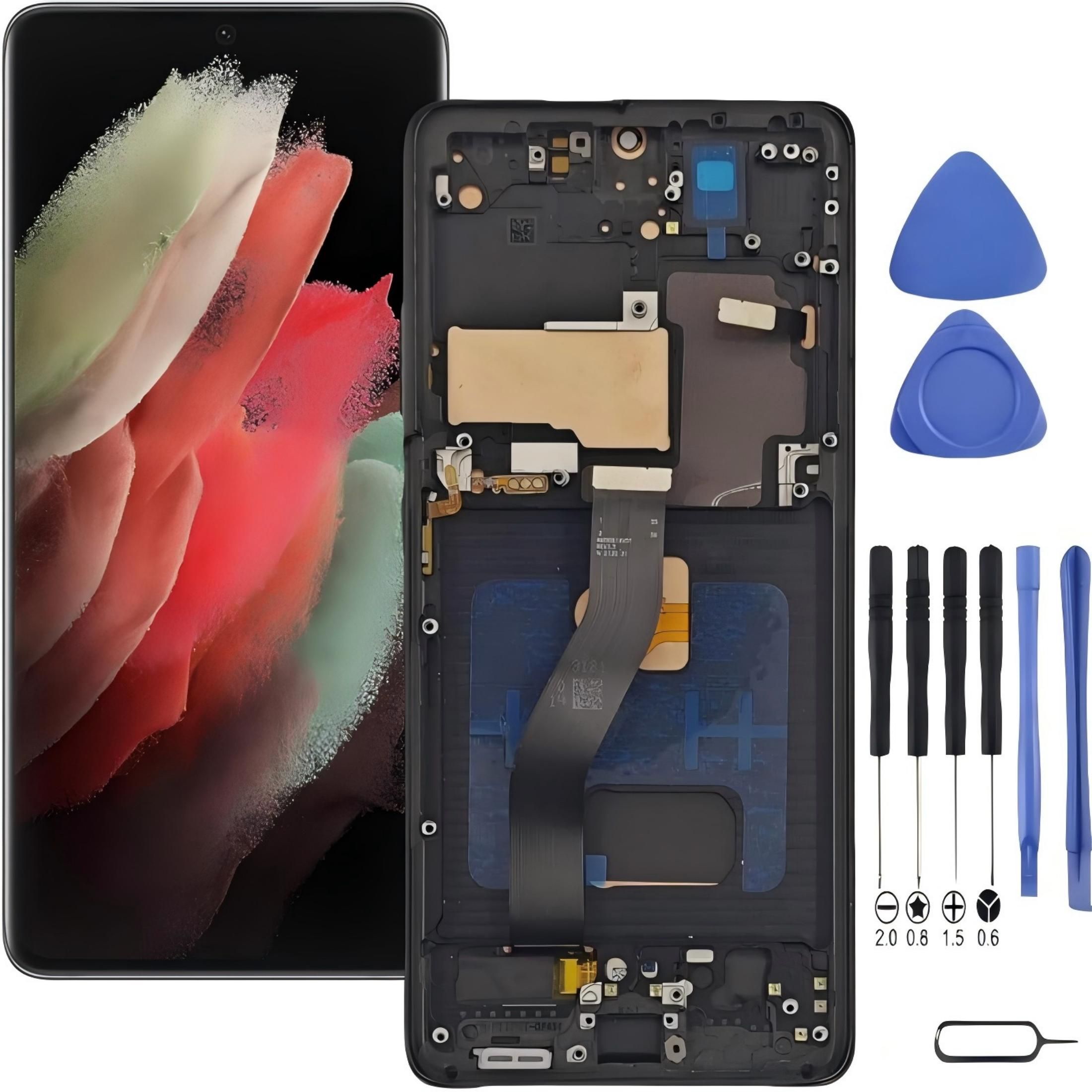 Samsung Galaxy S21 Ultra 5G Screen Replacement with Frame, 6.8" Dynamic AMOLED 2X Curved Touch Digitizer, Full Repair Tool Kit & Tempered Glass Protector for