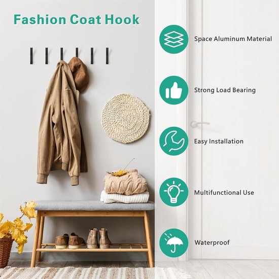 Hooks - 6 pieces - Black clothes hooks - Suitable for screwing with a hidden hole - Modern wall coat rack - For jackets, coats, hats, scarves, towels â image 4