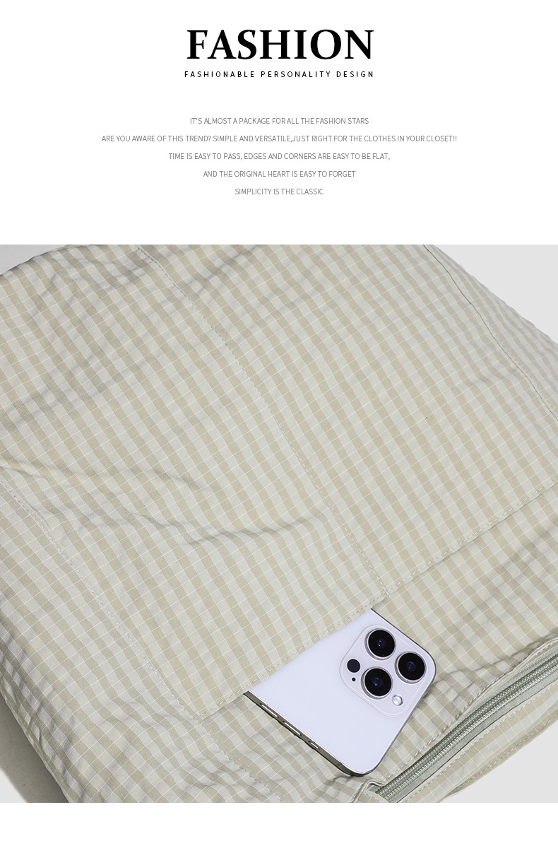 Beige Stylish Lightweight Seersucker Gingham Tote Bag - Spacious Multi-Pocket Shoulder Bag with Zipper — image 6