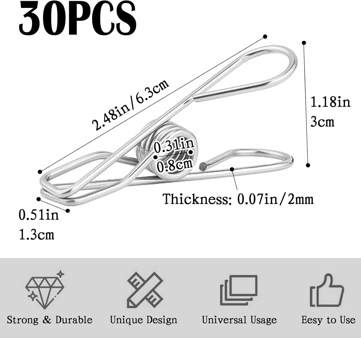 30 PCS Clothes Pins for Laundry Clips, 2.5 Inch Stainless Steel Clothespins for Outdoor, Clothes, Food Sealing and Photo — image 2