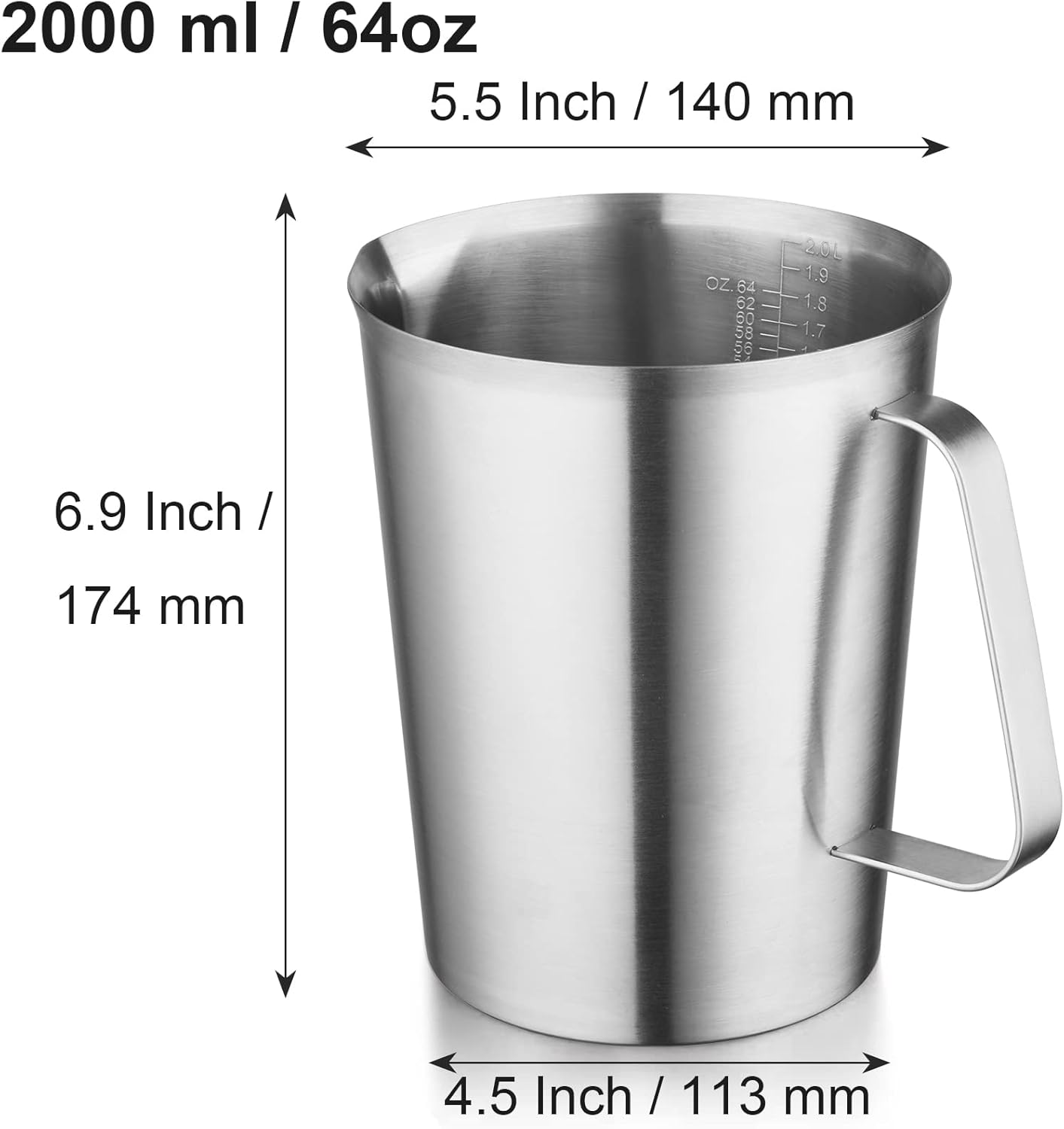 Stainless Steel Measuring Jug - 304 Stainless Steel - with Handle and Spout - Metal Pitcher with oz and ml Markings - 64 oz / 2 Litres (8 Cups) - Extra Strong — image 2