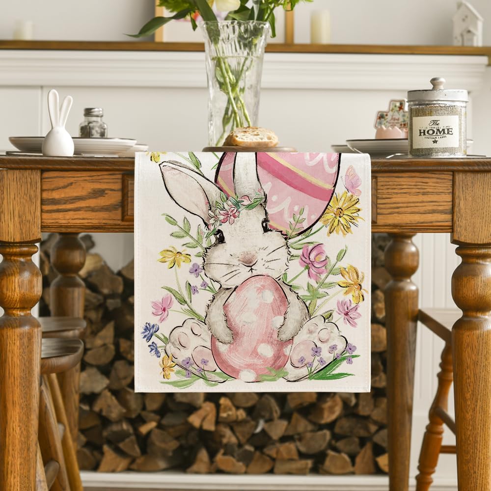 Bunny Rabbit Egg Flower Easter Table Runner, Seasonal Spring Kitchen Dining Table Decoration for Home Party Decor 13 × 72 Inch — image 2