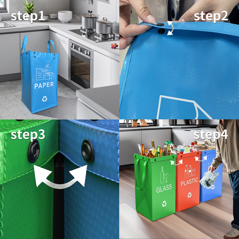 Foldable Waterproof Waste Sorting Bags, Reusable Laminated Recycling Storage Tote with Handle, 40L Large Capacity Garbage Organizer(Brown + elegant gray) — image 6