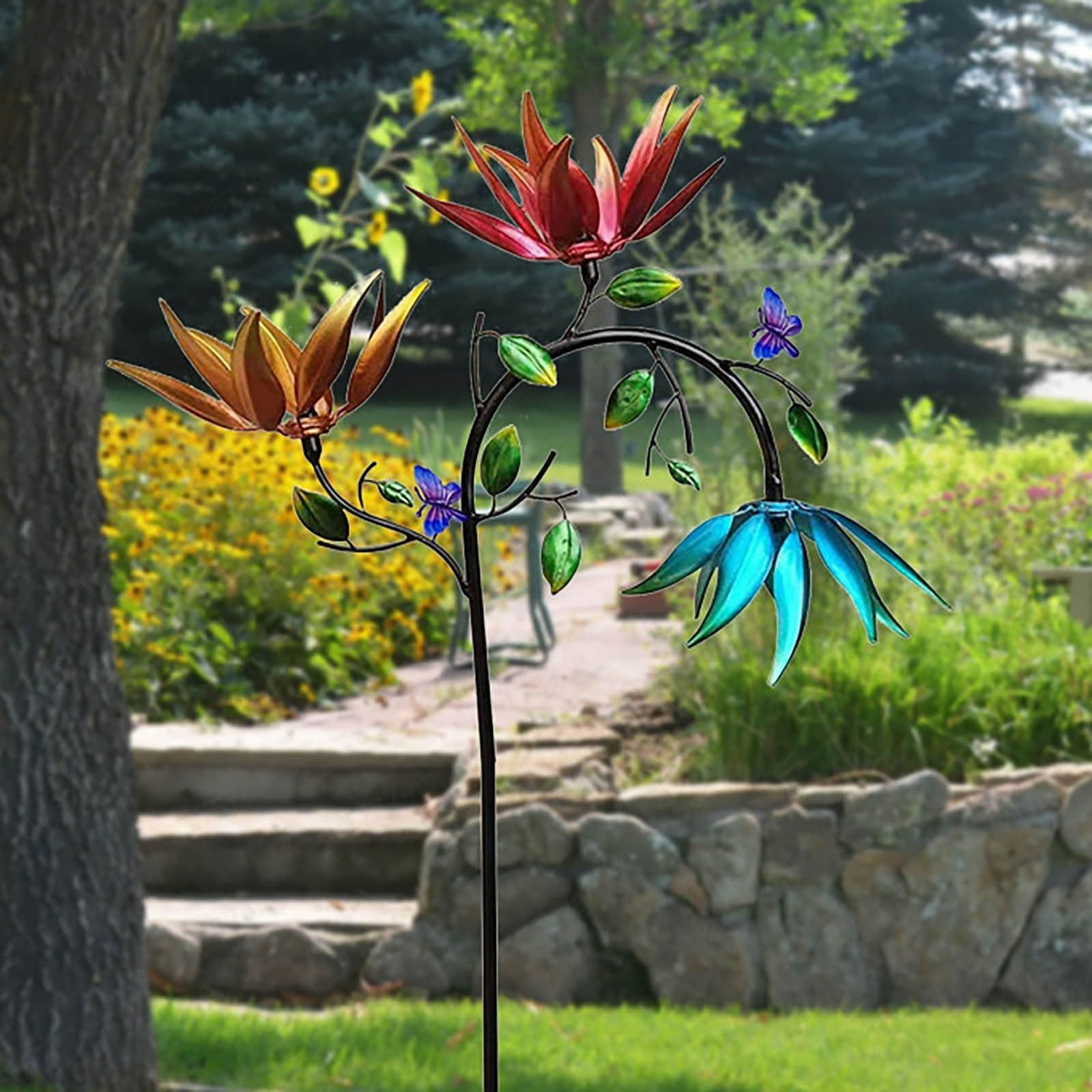 Large Metal Wind Spinner with Three Spinning Flowers and Butterflies Windmill Spinner for Yard and Garden Outdoor Art Decoration — image 5