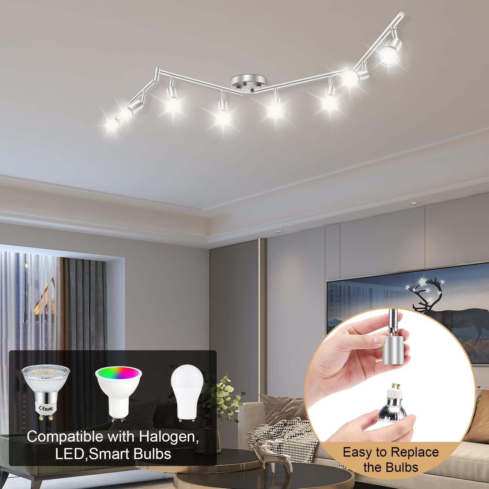 8 Lights LED Track Lighting Kit, Foldable Ceiling Spot Lighting with Flexibly Rotatable Head, Track Light for Kitchen Hallway Room Closet, GU10 Bulbs Not — image 6