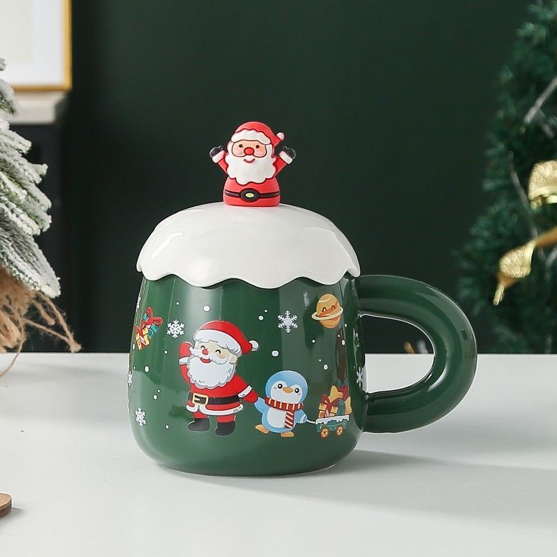 Christmas mug, ceramic mug, mug with lid and spoon, Santa Claus mug, festive decor, Christmas gift, Australian gift, holiday mug - Colors are random. - Size 风扇 — image 4