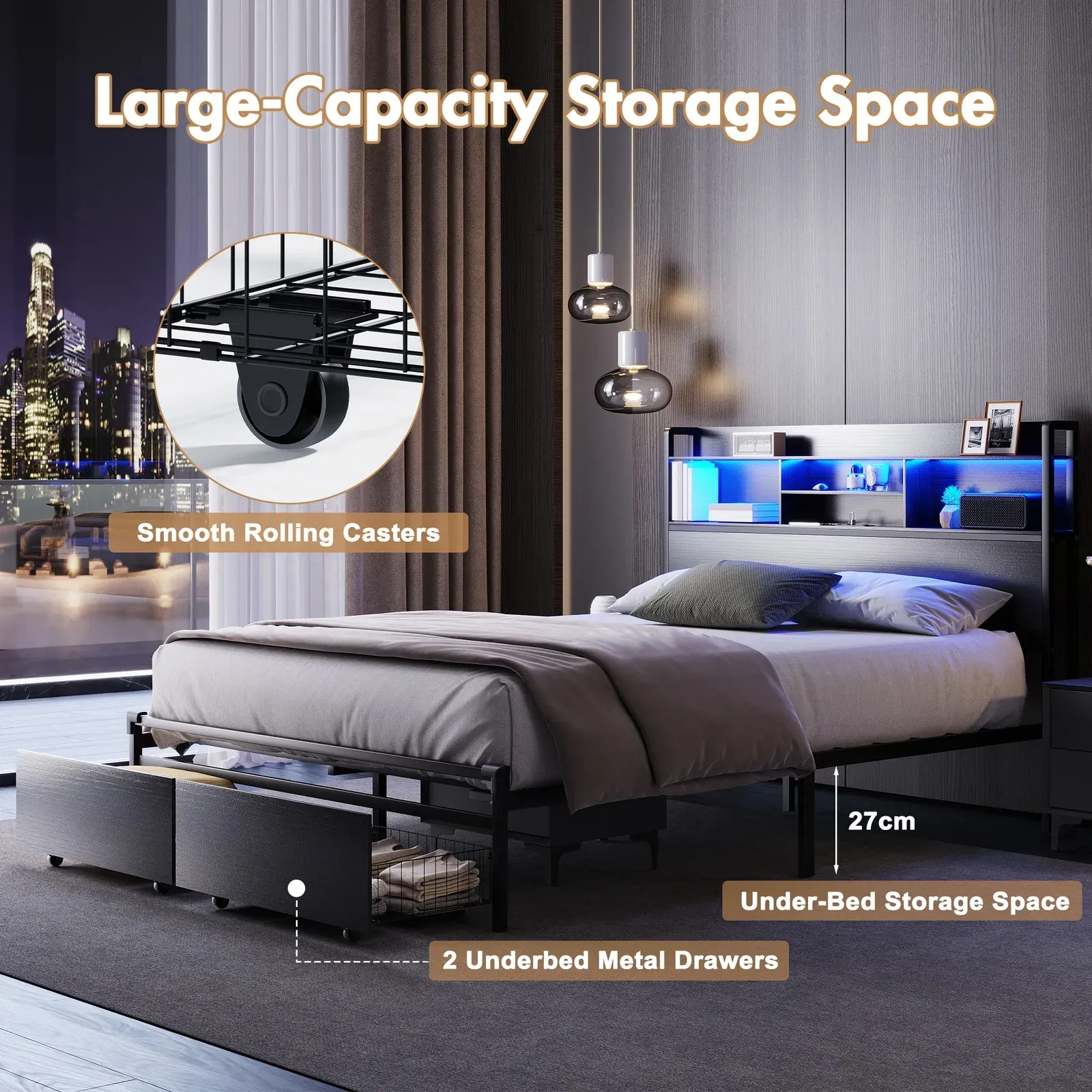 Double Black LED Bed Frame with 2 Storage Drawers and Charging Station โ image 3