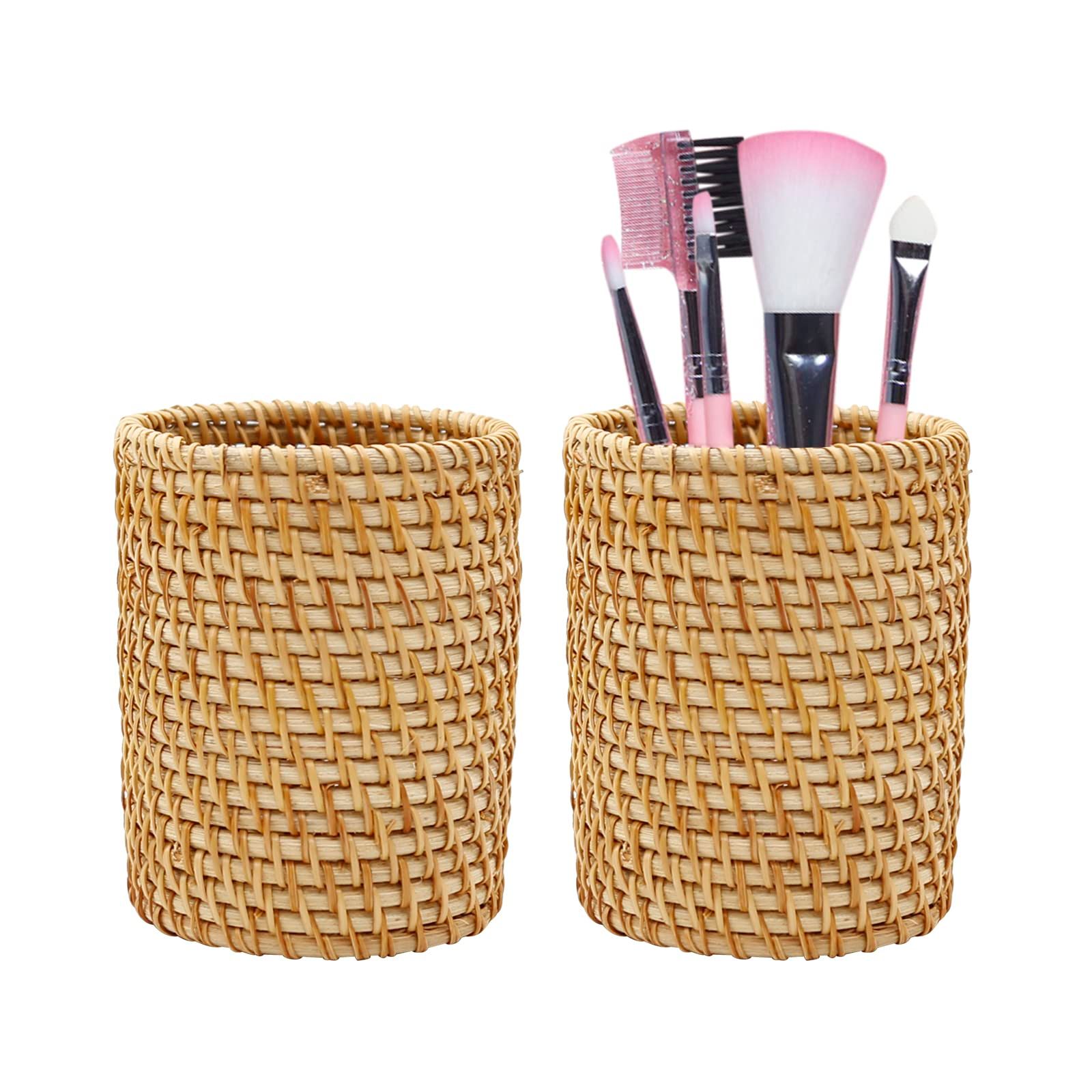 2 Pack Rattan Pencil Holder Handmade Pen Organizer Boho Desk Accessories Pen Cup Holder Desk Accessories Aesthetic Holder for Desk Cute