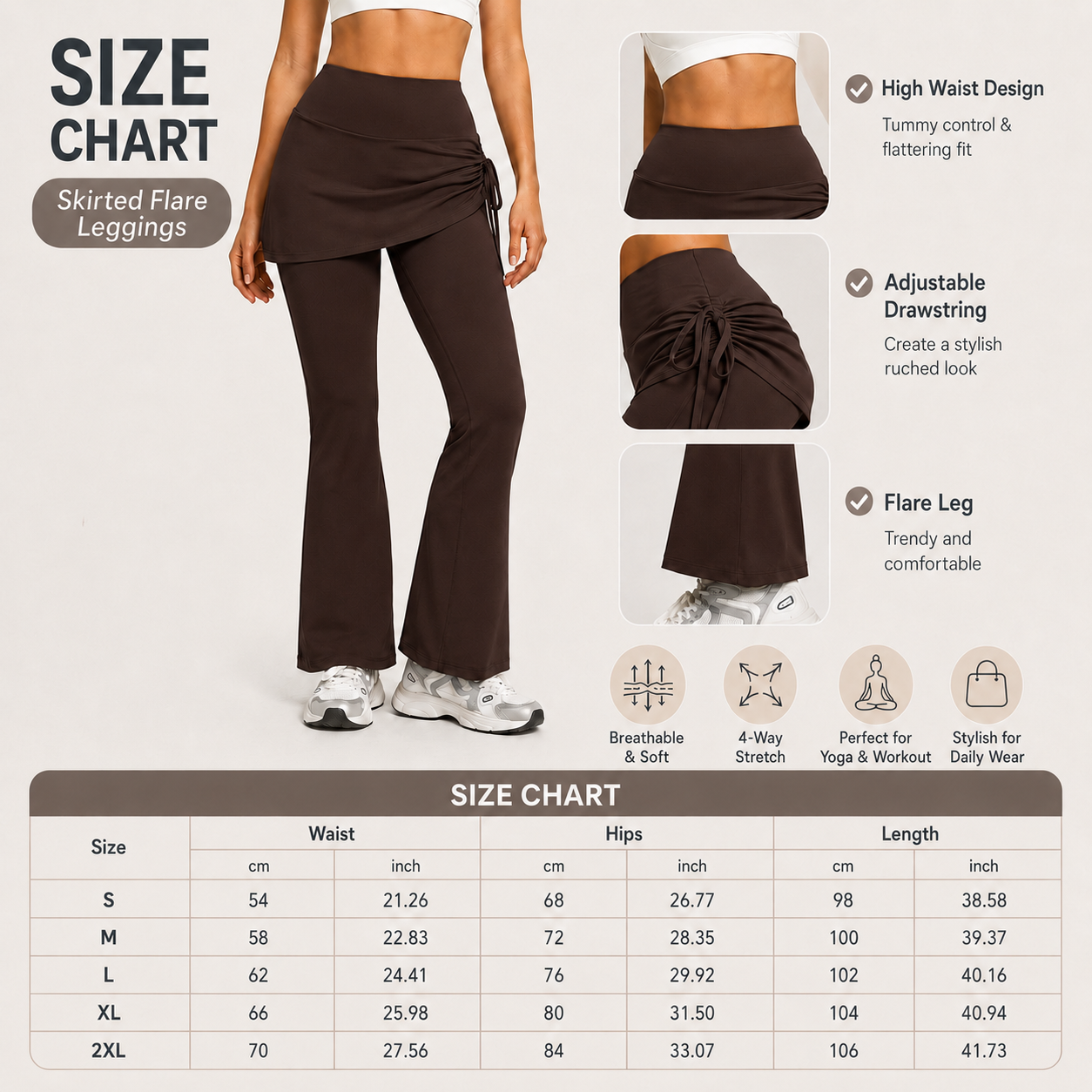 Women's High Waist Skirted Flare Yoga Pants with Adjustable Ruched Drawstring (L size)- Coffee brown Faux Two Piece Bootcut Leggings for Pilates, Gym โ image 6