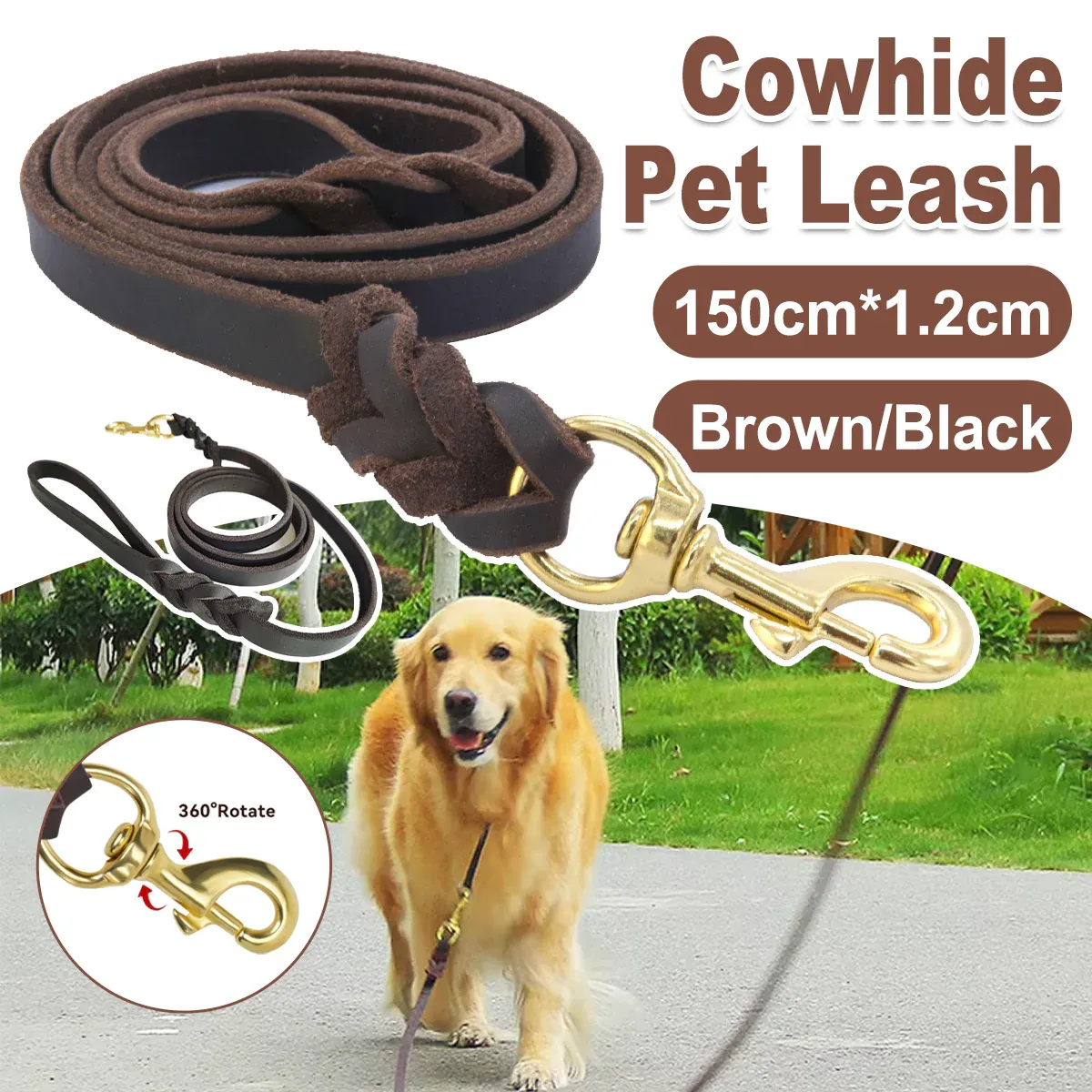 Dog Leash Cowhide Lead Heavy Duty Leather M Size Brown For Walking Training - Black โ image 2