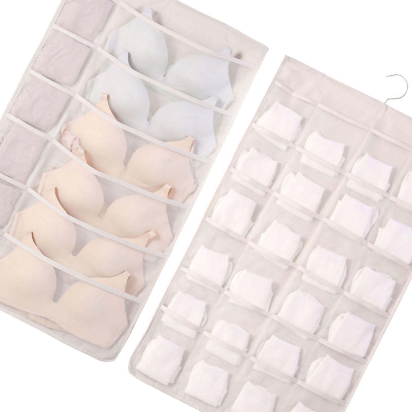 Hanging Bra Organizer Oxford Fabric Double Sides Breathable Large Capacity Underwear Storage Organizer for Bra Socks Beige, Front 12, Back 24 — image 3