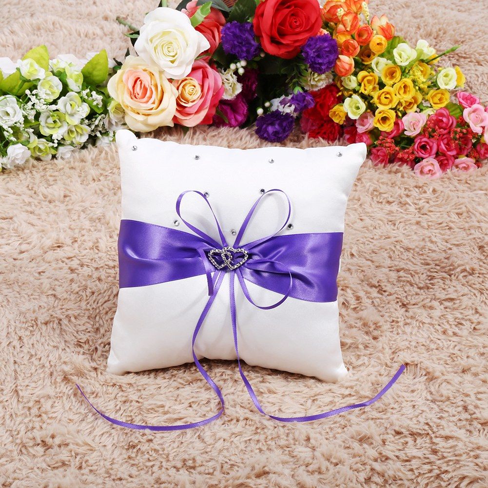 Wedding Ring Bearer Holder Pillow Cushion With Bowknot Stain Double Hearts Diamonds (Purple) โ image 2