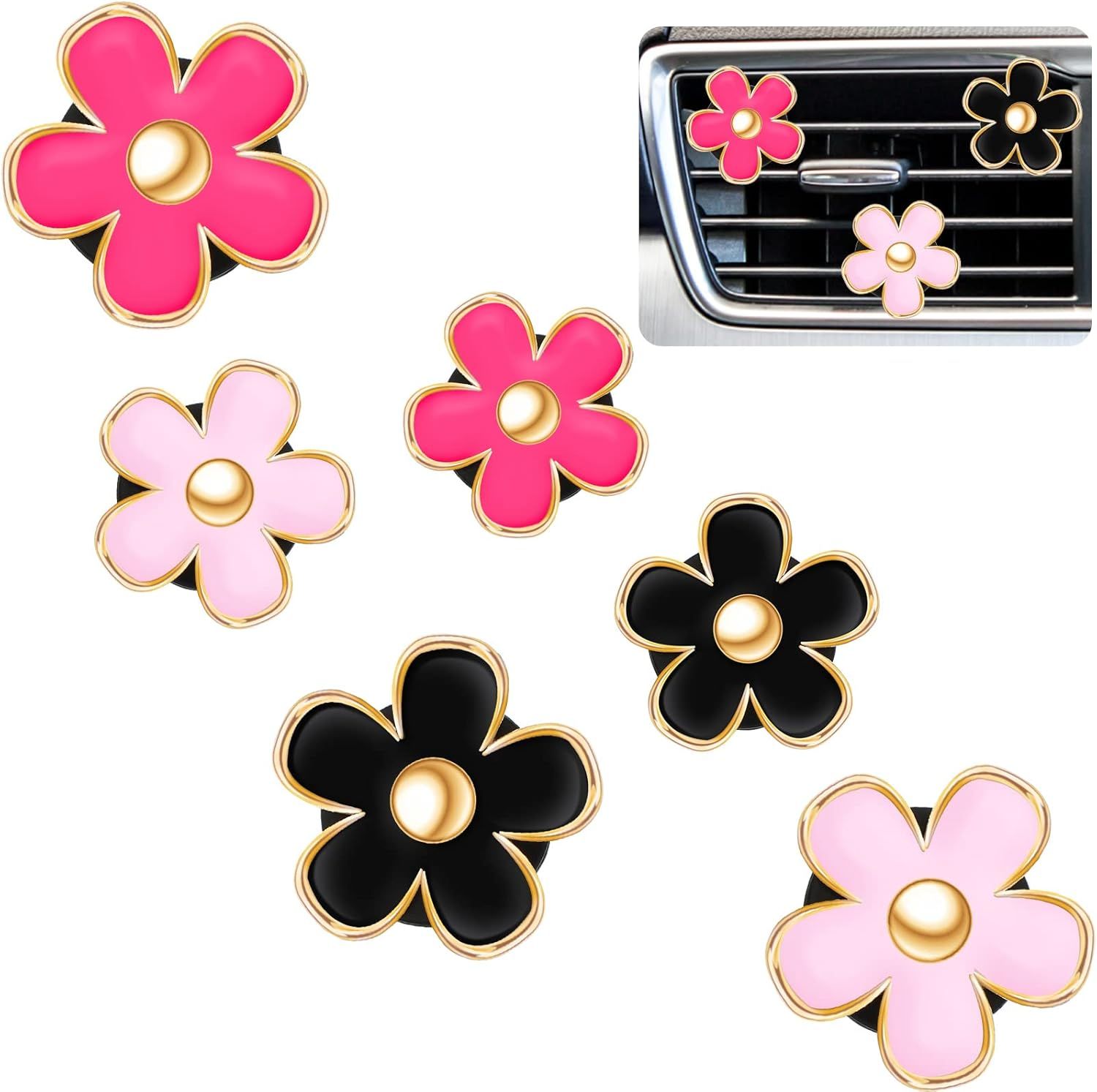 6 Pcs Daisy Flower Air Vent Clip Accessories Air Conditioning Outlet Clip Car Air Freshener Dashboard Accessories Charm Car Inter Decor(3 cm, 3.3 cm,Red, Pink