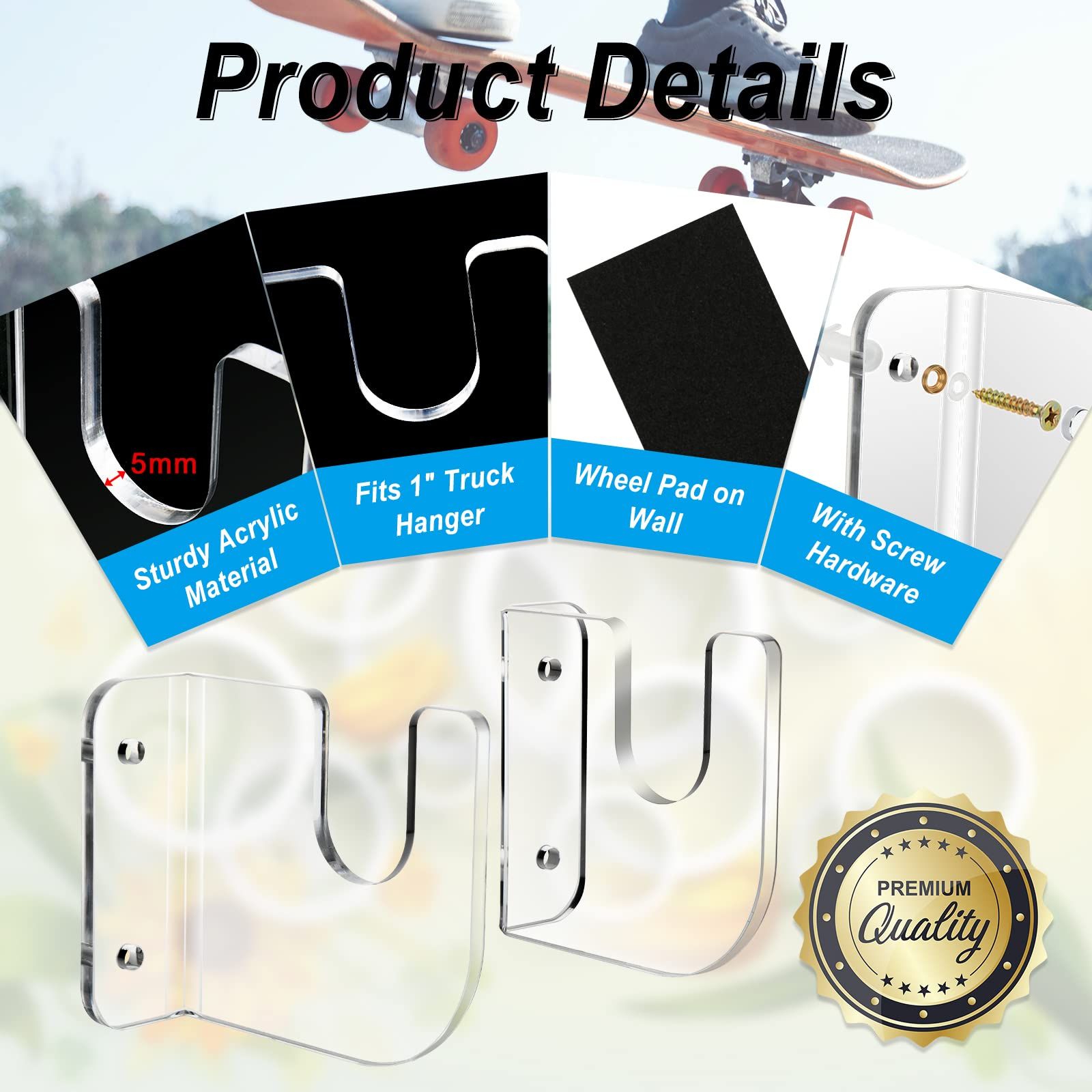 Acrylic Skateboard Wall Mount Skateboard Wall Hanger Rack Skateboard Display Holder Stand for Skateboarding Storage,Skateboard โ image 4