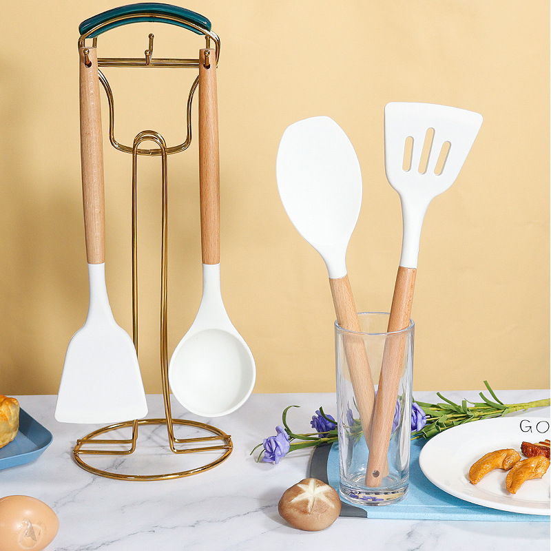 Dark Green 11-Piece Silicone Kitchen Utensil Set with Wooden Handles and Storage Bucket - Heat Resistant and Non-Stick โ image 3